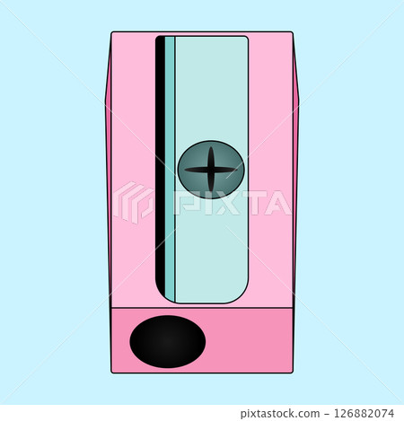 Cartoon vector illustration pencil sharpener in pink and blue on light blue background. For back to school stationery concept, education visual, educational theme, classroom decor, and school website. 126882074