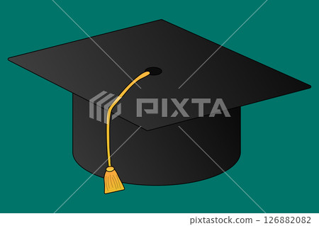 Graduation cap with golden tassel on green background. Academic mortarboard cartoon vector illustration. For back to school stationery concept, education visual, educational theme, and classroom decor 126882082