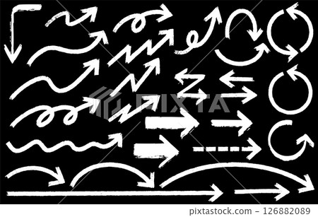 Monochrome handwritten thick arrow set (white on black background) Monochrome handwritten thick arrow set (white on black background) 126882089