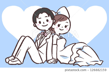 Light blue background with man and woman getting married and heart speech bubble Light blue background with man and woman getting married and heart speech bubble 126882159