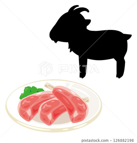 Goat meat served on a plate and silhouette illustration of a goat 126882198