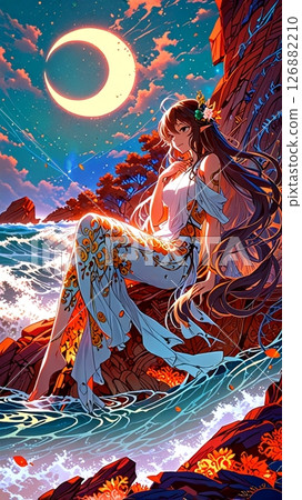 美麗的美人魚坐在海邊的岩石上 126882210