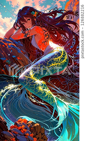 Beautiful mermaid sitting on a rock by the sea 126882216