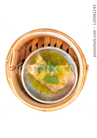 Top view of Dimsum with Steamed Seabass with Lime, focus selective 126882242
