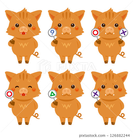 A set of illustrations of wild boar characters holding circle, square and triangle signs 126882244