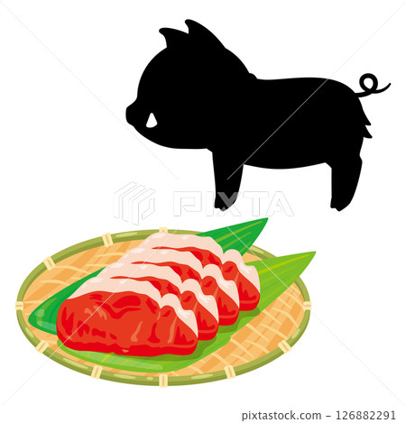 Silhouette illustration of wild boar and wild boar meat served in a colander 126882291