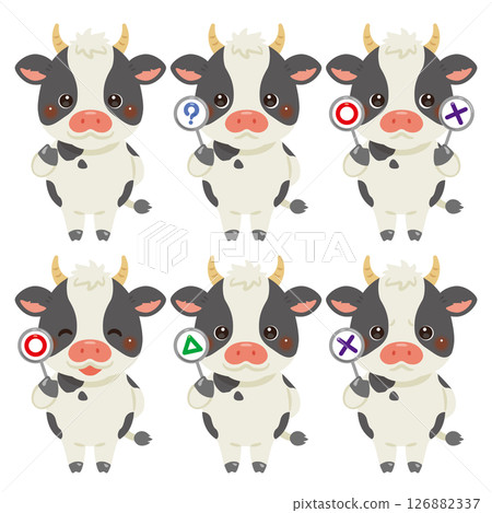 Set of cow character illustrations holding circle, square and triangle cards 126882337