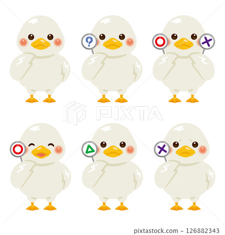 Set of duck character illustrations holding circle, square and triangle cards 126882343