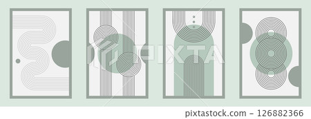 Zen arch poster set, simple line arch and shapes. Geometric Japanese zen pattern minimal elements. Boho style strips, 126882366