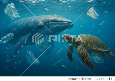 鯨魚和海龜被海洋中的塑膠垃圾包圍的圖片,環境問題 鯨魚和海龜被海洋中的塑膠垃圾包圍的圖片,環境問題 126882413