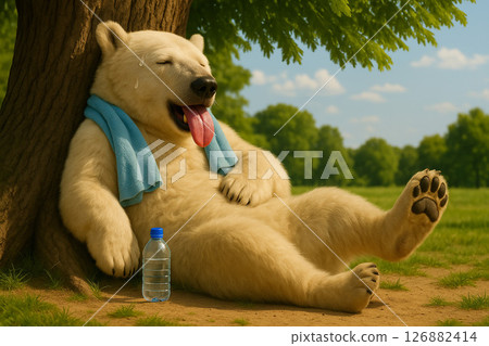 一隻北極熊因夏季高溫而精疲力竭,正在樹蔭下休息,喝水以防中暑。 一隻北極熊因夏季高溫而精疲力竭,正在樹蔭下休息,喝水以防中暑。 126882414