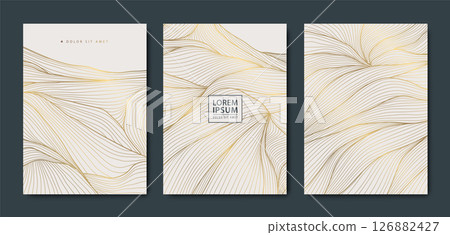 Vector set of line abstract golden covers, organic shape, leaves curve backgrounds. Ornament elegant premium art, brochure posters, japanese style cards Vector set of line abstract golden covers, organic shape, leaves curve backgrounds. Ornament elegant premium art, brochure posters, japanese style cards 126882427