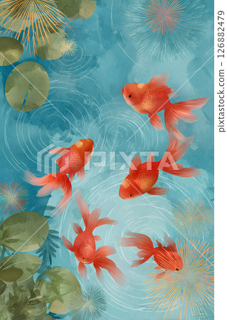 夏日風景、金魚和水生植物水彩插畫背景 126882479