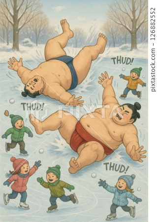Funny illustration shows two sumo wrestlers slipping and falling on icy rink while cheerful kids skate around and laugh joyfully in winter park setting 126882552