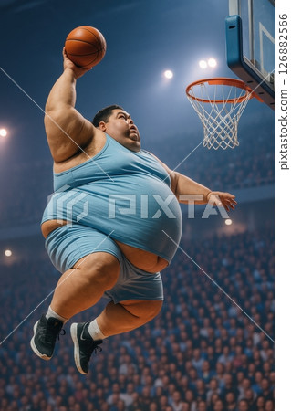 Overweight basketball player in light blue uniform soars through the air for an impressive slam dunk during packed stadium match. Concept of motivation 126882566