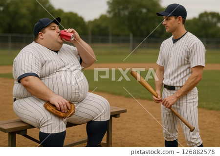 Baseball player in striped uniform drinks soda while sitting on bench, holding glove, as athletic teammate stands nearby with bat on dusty field 126882578