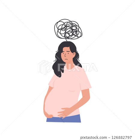 Confused pregnant woman with mixed thoughts, symbolizing mental load, uncertainty, and emotional overwhelm during pregnancy. Flat style vector illustration isolated on white background. 126882797