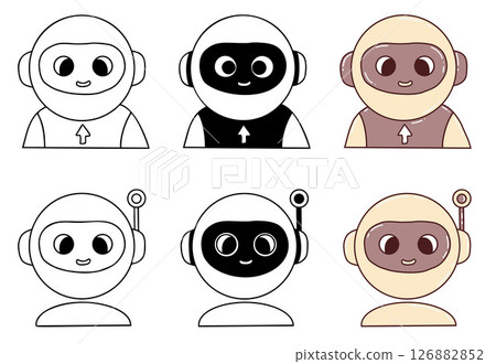 Chatbot Faces, Assistants AI and robot character Avatar set. Vector Outline and color hand drawing icon showing expressions, tech support, security. Isolated symbols for AI and UX design 126882852