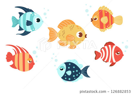 Cute Sea Tropical Fish set. Isolated underwater colorful decorative animals on white background. Vector illustration. Kids collection 126882853