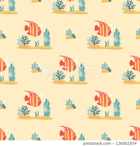 Sea Seamless Pattern with Cute tropical striped fish and Plant algae and Coral on Light yellow Background. Vector Illustration. Kids collection Sea Seamless Pattern with Cute tropical striped fish and Plant algae and Coral on Light yellow Background. Vector Illustration. Kids collection 126882854