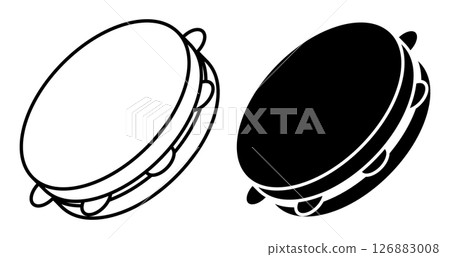 Linear icon, isometric tambourine musical instrument top view. Folk instrument for beating out rhythm of musical composition. Simple black and white top view vector isolated on white background 126883008