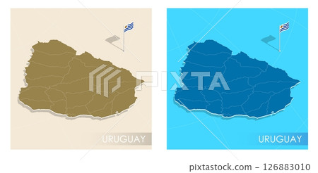 Uruguay country flag installed on geographic positioning map point of country territory. Uruguay commonwealth banner on land and sea. Festive patriotic HD format template for independence day 126883010