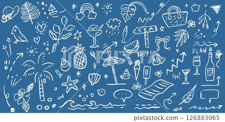 夏季圖示集-旅行與度假-手繪時尚簡約套裝向量素材 126883065