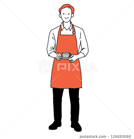 一位男咖啡館員工端著咖啡的插圖（全身，穿著圍裙） 126883088