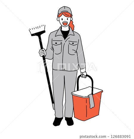 一名清潔人員拿著水桶和拖把的插圖 126883091