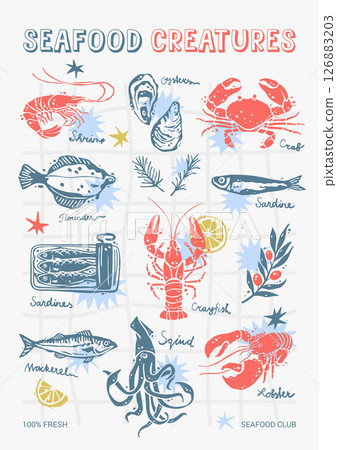 Seafood Creatures Food Poster A3 Seafood Creatures Food Poster A3 126883203