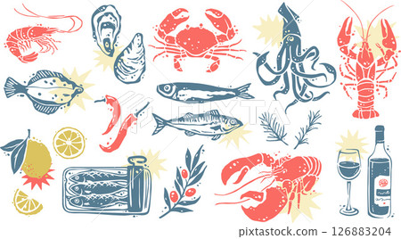 Seafood Creatures Isolated Design Set Seafood Creatures Isolated Design Set 126883204