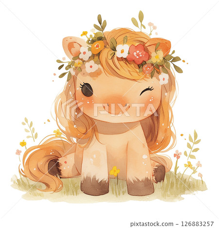 Cute pony with curly hair and flower crown enjoys a sunny day in a colorful meadow filled with blossoms Cute pony with curly hair and flower crown enjoys a sunny day in a colorful meadow filled with blossoms 126883257