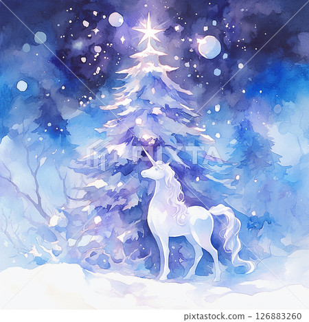 Unicorn standing majestically near a glowing Christmas tree in a magical winter landscape at twilight 126883260