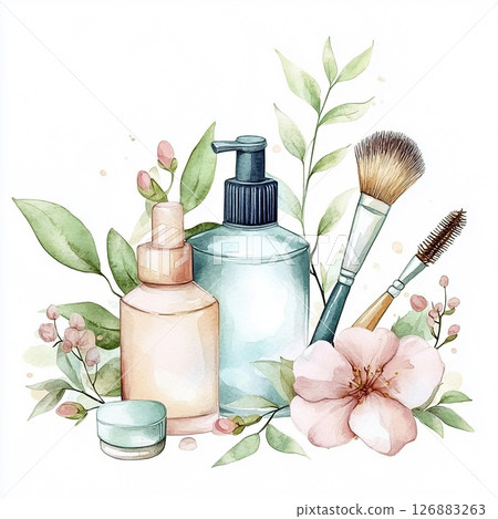 Stylish arrangement of beauty products with floral elements and artistic tools in a pastel setting Stylish arrangement of beauty products with floral elements and artistic tools in a pastel setting 126883263