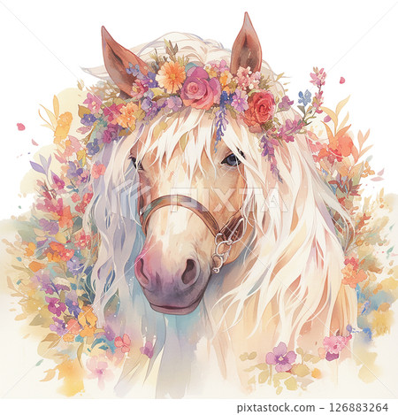 Majestic white horse adorned with floral crown in a serene pastel setting 126883264
