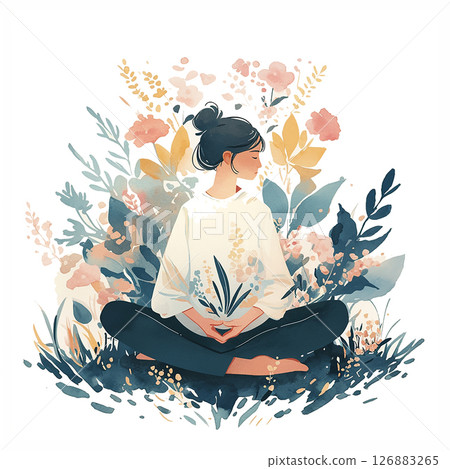 Meditation in nature surrounded by flowers and plants in a serene and peaceful setting Meditation in nature surrounded by flowers and plants in a serene and peaceful setting 126883265