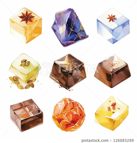 Chocolates displayed artistically on a white background showcasing various shapes and fillings made with high-quality ingredients 126883289