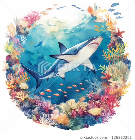 Colorful coral reef ecosystem with a shark swimming gracefully in crystal clear water 126883291
