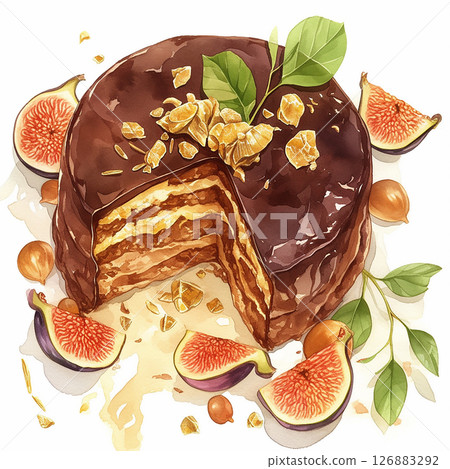 Delicious fig cake slice with rich chocolate icing and fresh figs garnishing the plate at a dessert shop 126883292
