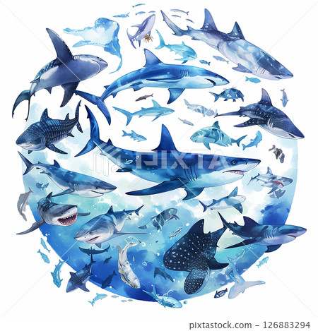 Colorful underwater illustration featuring various shark species swimming together in a vibrant ocean environment Colorful underwater illustration featuring various shark species swimming together in a vibrant ocean environment 126883294