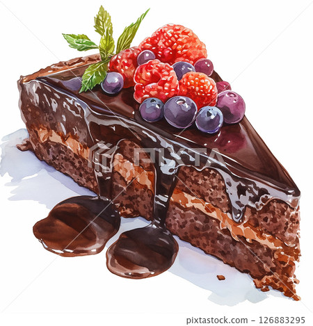Indulging in a rich chocolate cake slice with fresh berries for a delightful dessert experience 126883295