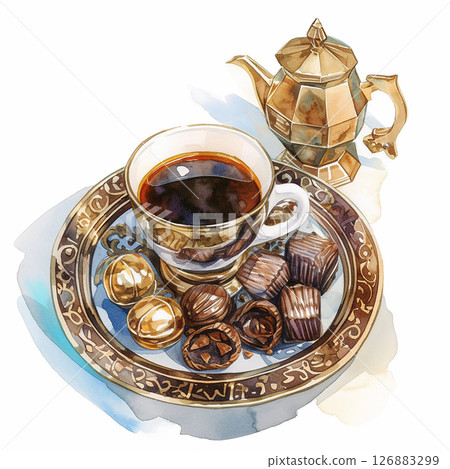 Coffee served with assorted chocolates on a decorative plate during afternoon relaxing time 126883299