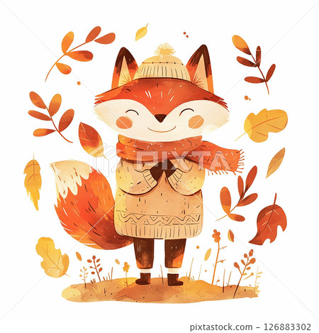 Cute fox wearing a sweater and hat enjoys autumn with falling leaves in a cheerful setting 126883302