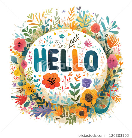 Colorful floral design with the word hello in a vibrant garden setting during springtime 126883303
