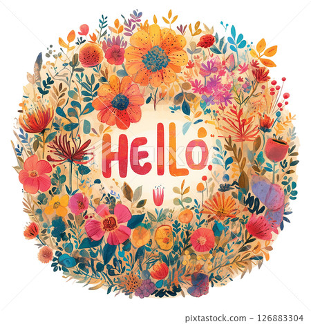 Colorful floral design with the word hello in a vibrant garden setting during springtime 126883304