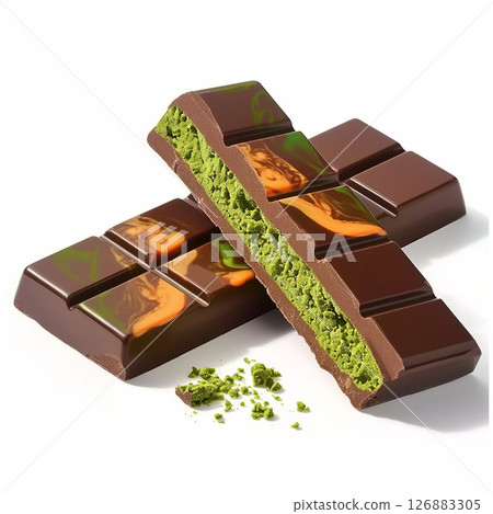 Unique Dubai chocolate bar with vibrant green and orange designs showcasing an innovative treat made with matcha flavor 126883305