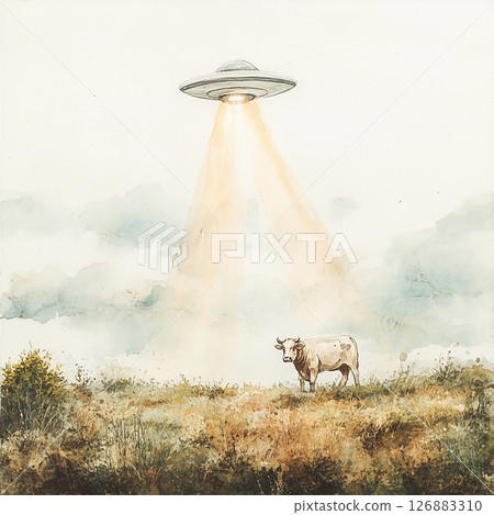 Strange encounter in a field as a UFO hovers above a cow during twilight 126883310