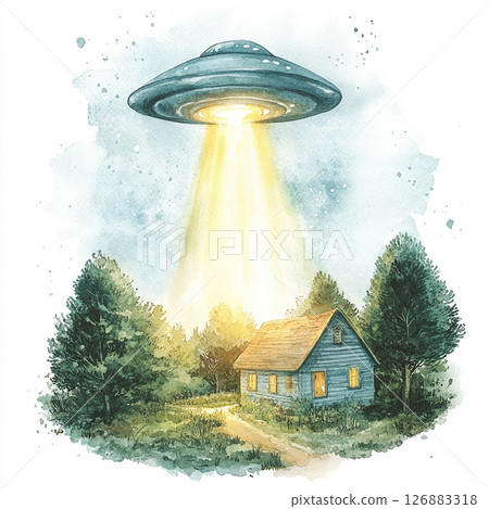Alien spacecraft hovers over a secluded cabin in a forest during nighttime with a beam of light shining down Alien spacecraft hovers over a secluded cabin in a forest during nighttime with a beam of light shining down 126883318
