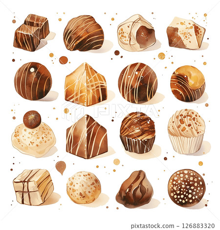 Decadent assortment of handmade chocolates displayed elegantly on a white background Decadent assortment of handmade chocolates displayed elegantly on a white background 126883320