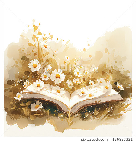 Vibrant floral imagery emerging from an open book surrounded by hearts and delicate elements in a warm, sunny setting Vibrant floral imagery emerging from an open book surrounded by hearts and delicate elements in a warm, sunny setting 126883321